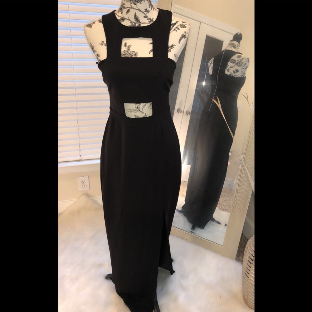 Black floor length side slit dress with cutouts